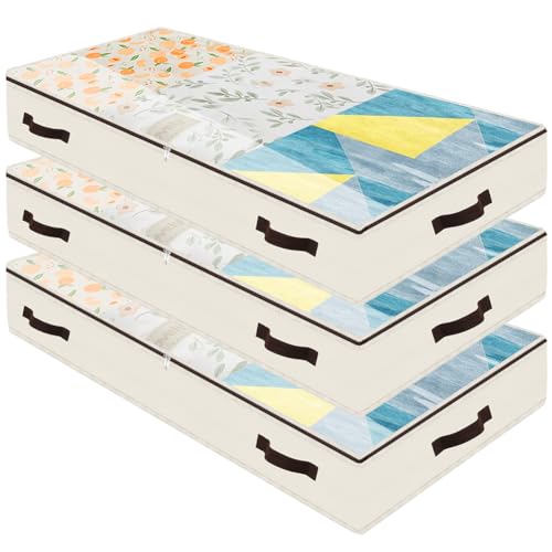 Amonsen 3 bolsas de almacenamiento para debajo de la cama de tamaño king o reina, tela resistente con tapa transparente y 4 asas, color beige