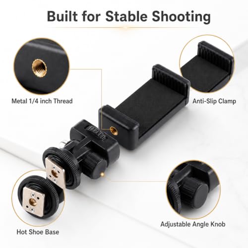 Image of Universal Phone Holder Mount with Hot Shoe Adapter | 1 /4-Inch Thread, Adjustable Smartphone Clamp for Tripod, DSLR Camera, Selfie Stick, Vlogging & Video Recording
