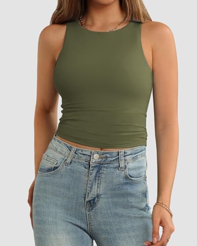 Image of ATHMILE Womens Double Lined Crop Tank Tops Casual Basic Shirts Sleeveless Workout Tops Cute Summer Clothes Teen Girls