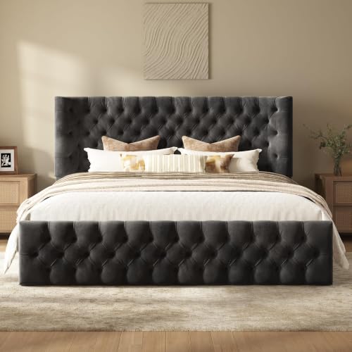 Image of AMERLIFE King Upholstered Bed with Headboard, Wingback, Black Velvet