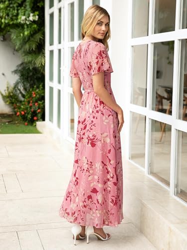 Image of Simplee Womens Casual Floral Summer Maxi Dress 2026 Boho Flowy Short Sleeve Crew Neck Vacation Smocked Chiffon Dresses