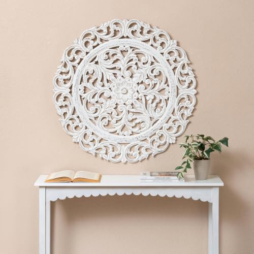 Image of JFY Designs Iris Hand Carved Wood Medallion Wall Panels Bedroom Decor | Wall Mount Floral Sculpture Wall Art for Living Room, Bedroom Set, White Distressed Finish, Round 36 x 36 inch
