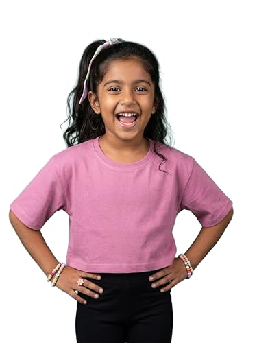Image of KiddoPanti Girls 100% Cotton Solid Drop Shoulder Half Sleeve Round Neck Crop Tee