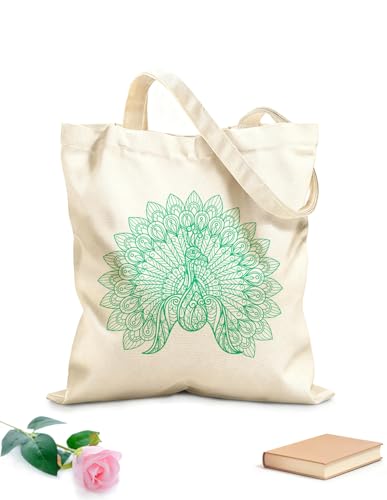 XIARON Bolsas de compras de poliéster y algodón Lindo pavo real dibujado a mano Tela de 340g/m² de grosor Se usa como bolsa de herramientas M Verde azulado