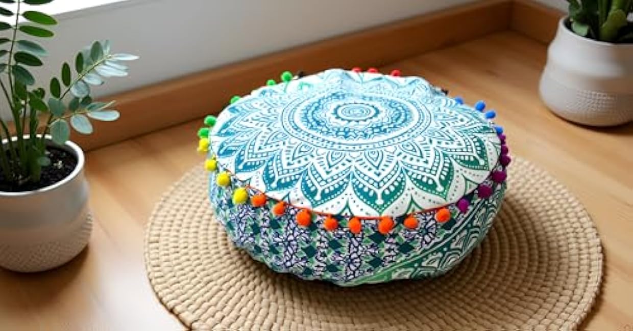 INDIAN CRAFT CASTLE ICC Mandala Barmeri Large Floor Pillow Cover Cushion Meditation Seating Ottoman Throw Cover Hippie Decorative Zipped Bohemian Pouf Ottoman Cases Green Ombre 18 Round