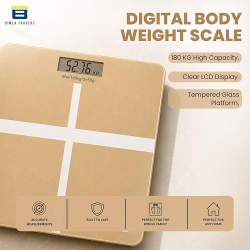 Image of Btag Premium Digital Body Weight Scale | 26x26 cm Wide Platform | Clear LCD Display | Anti-Skid Base | 180 kg Capacity Cross Design (Camel)