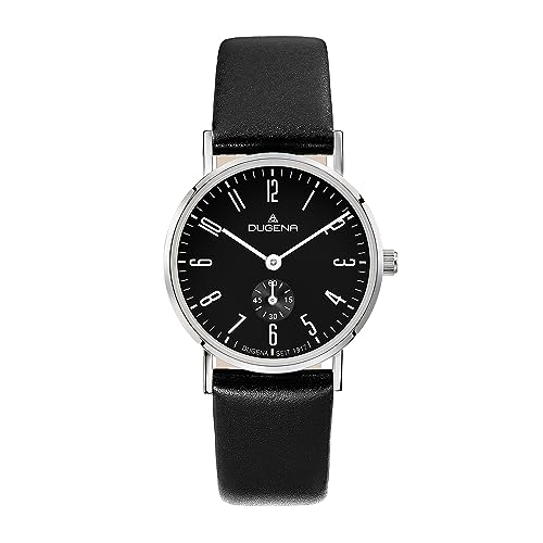 Dugena Damen-Armbanduhr Mondo XS, Quarz, Edelstahlgehäuse, Saphirglas, Lederarmband, Dornschließe, 3 bar, Farbe:Schwarz