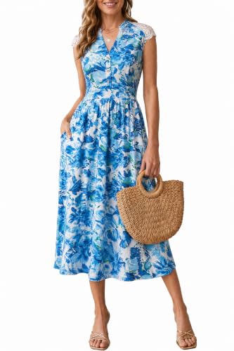 Image of Newshows Summer Dresses for Women V Neck Lace Sleeve Midi Dress Ladies A Line Sundress with Pockets Floral White Blue,L