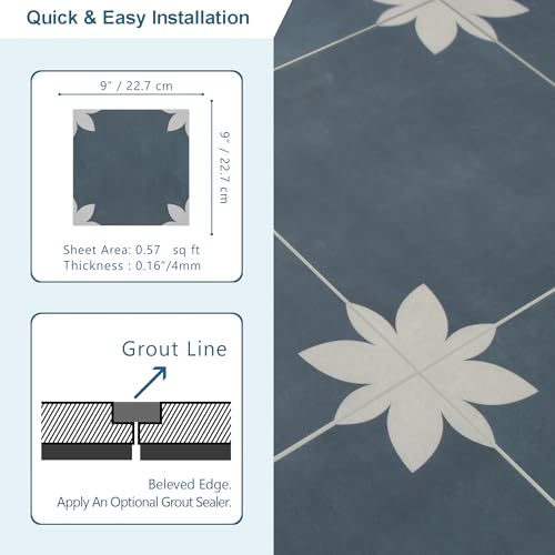 INNO STCIEKRS 16-Sheet Peel and Stick Floor and Wall Tile for Bathroom Kitchen, 9" x 9" Blue Flower SPC Self-Adhesive Vinyl Flooring Patterned Groutable Backsplash Tile, Covers 9.12 Sq Ft. by INNO STICKERS - Image 3