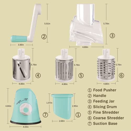 EDEFISY Cheese Grater Hand Crank - 3-in-1 Stainless Steel Rotary Grater & Shredder for Cheese, Vegetables, Nuts, Chocolate - Easy Crank Manual Food Grinder with Drum Slicer (Blue)