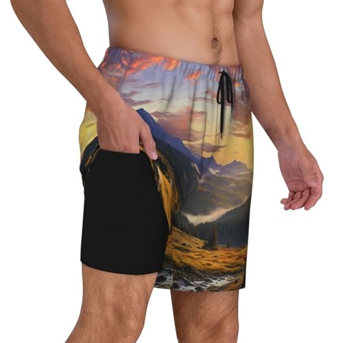 Men's Swim Trunks Quick Dry Board Shorts Mountain Sunset Landscape Beach Shorts with Pocket Bathing Suits for Men2