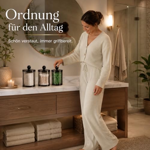 ALINK Kosmetik Organizer 3er Set mit Deckel, Schwarze Wattestäbchen Halter für Badezimmer, Apothekergläser Aufbewahrung für Wattepads, Wattebäusche, Zahnseide, Make-up-Schwämme & Haarspangen