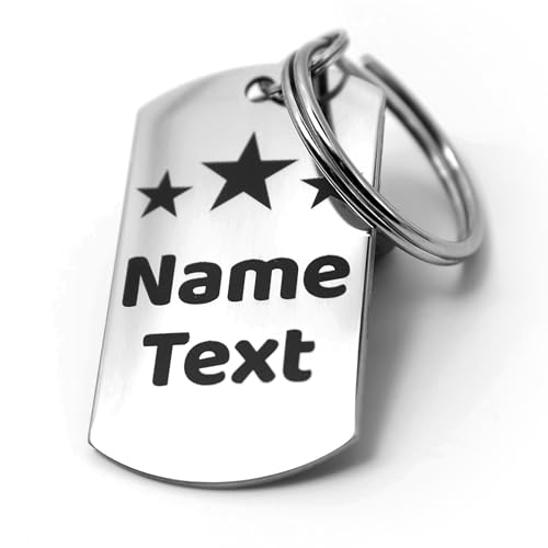 Personalisierter Dog-Tag Schlüsselanhänger aus Edelstahl (43 × 24 mm) – Wunschtext lasergraviert, beidseitig | Kontakt- & Finderanhänger mit Name oder Telefonnummer, rostfrei & robust