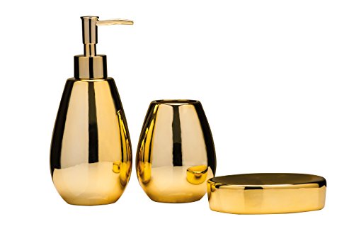 Image of Premier Housewares Dolomite Gold 3 Piece Bathroom Set | Ceramic Bath Accessories Set With Lotion Dispenser Tumbler And Soap Dish | Bathroom Soap Set For Organising Essentials