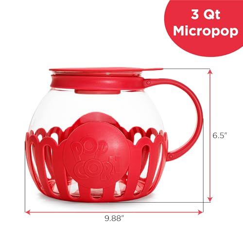 Image of Ecolution Patented Micro-Pop Microwave Popcorn Popper with Temperature Safe Glass,3-in-1 Lid Measures Kernels and Melts Butter,Made Without BPA,Dishwasher Safe,3-Quart,Red,(Pack of 4)