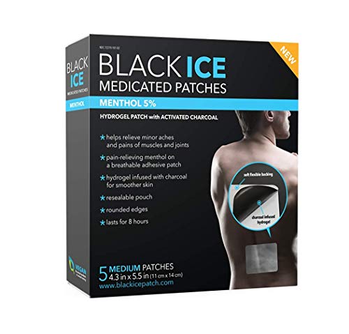 Black Ice - Natural Charcoal Hydrogel Patch with Menthol, Medium - 5 Count, Charcoal Poultice Relief for Muscle Aches, Joint and Back Pain, Inflammation, Rashes, Bug Bites, Cellulitis, and Burns