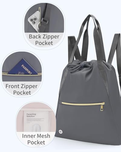 Ceneda Drawstring Backpack String Bag for Women Men Water Resistant Drawstring Bags Gym Sack with Two Zipper Pockets Sports Gym Bag (Grey)3