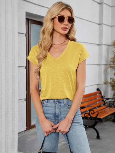 YOKGO Womens Summer Tops Short Sleeve V Neck T Shirts Basic Tees Cap Sleeve Shirts Casual Trendy Work Business Clothes 2026 Yellow — view 4