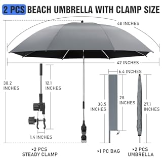 NBtoUS 2 PACK Chair Umbrella with Clamp, 360 ° Adjustable, UPF50+ Sunshade for Beach Chair, Patio Chair, Camping Chair, Golf Carts（Grey, Chair Not Included