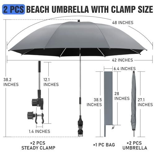 Image of 2 PACK Beach Umbrella with Clamp, 360 Adjustable Umbrellas for Chair, UPF50+ Umbrella for Beach Chair, Patio Chair, Wheelchair, Camping Chair, Golf Carts (Chair Not Included)