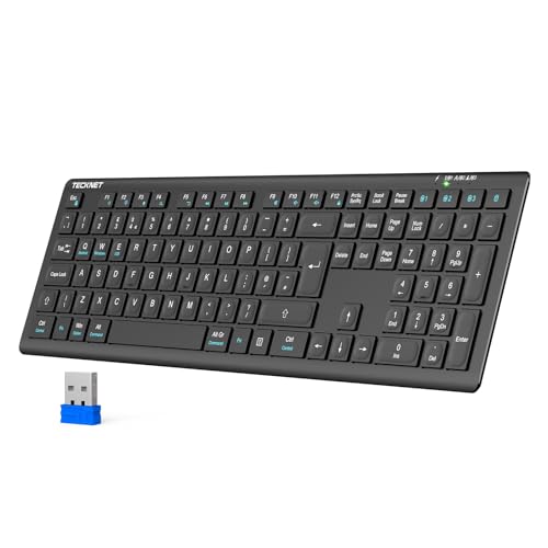 TECKNET Wireless Keyboard, Rechargeable 2.4GHz USB Bluetooth Keyboard for 4 Multi Devices, Ultra Slim Full Size UK Layout Keyboards for Computer, Laptop, Tablet, Desktop, Phone (Black)
