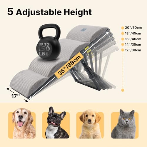 Veehoo Dog Ramp for Bed Couch Height Adjustable from 12" to 20", Foldable Stairs for Dogs to Get on Bed 17" Extra Wide, Portable Pet Doggie Steps Indoor with Non Slip Pad, Support up to 150 lbs by Veehoo - Image 3