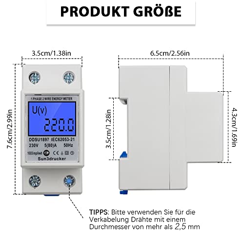 LCD Digitale Stromzähler Wechselstromzähler Hutschiene KWh Zähler 5(80) A 1-phasiger 2-poliger 2P-DIN-Schienen-Stromzähler