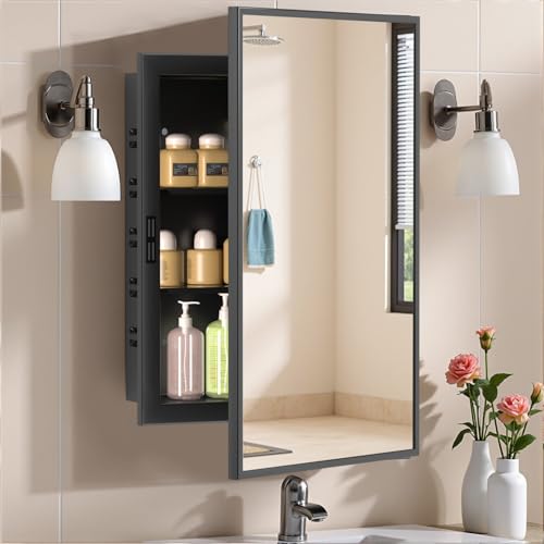 NLShan Black Metal Medicine Cabinet with Mirror for Bathroom
