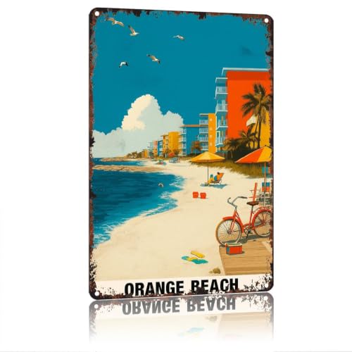 Vintage Orange Beach Alabama Aluminum Metal Sign, Retro Beach Travel Wall Art Decor, 12x8 Inch, for Home Garage Cafe Bar Living Room Outdoor Decor