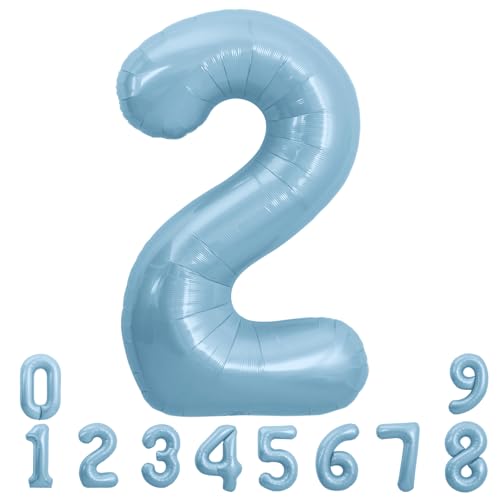 TONIFUL 40 Inch Pastel Blue Number 2 Foil Balloon Large Mylar Foil Digit 2 Balloon for 2nd Birthday, Gender Neutral Party, Baby Shower, Graduation, Anniversary Decorations