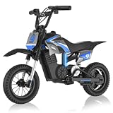 RCB R9X PRO Kinder Elektro-Motorrad, Elektromotorrad mit 350W Motor, 16KM Reichweite & 3-Gang-Modi, Umgebungslicht,Doppelte Stoßdämpfer, 12" Moto Crossbike für Kinder 6+ Jahren （Blau）