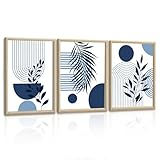 3 Pcs Azul Boho Cuadros Decoracion Salon Con Marco Estética Hoja Pintar Lienzos Decorativos Moderno Redondo Geométrico Línea Cuadro y láminas Decorativa Dormitorio Comedor Oficina 30x40cmx3 Pcs