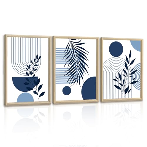 3 Pcs Boho Bleu Plante Lignes Impression Sur Toile Avec Cadre, Esthétique Rond Géométrie Tableau Decoration Murale Moderne Minimaliste Affiche Peintures Decoration Chambre Maison Bureau 30x40cmx3