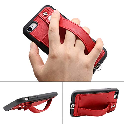 TOOVREN iPhone SE Case 2020/2022 Phone Lanyard Neck Strap for iPhone 8 Case with Card Holder iPhone 7 Wallet Case with Kickstand Leather PU Card Holder Wallet Adjustable Phone Necklace Red
