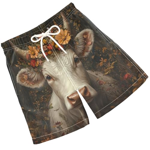 Pigsaly Boys' Swim Board Shorts Vintage Daisy Flowers White Cow Boy's Swim Trunks Kids Swimwear M