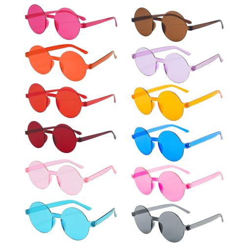 dogmoon Party Brillen, 12 Stück Kreisförmig Sonnenbrille, Lustige Partybrillen, Randlose Party Sonnenbrille für Herren Damen Party Kostümzubehör(12 Farben)