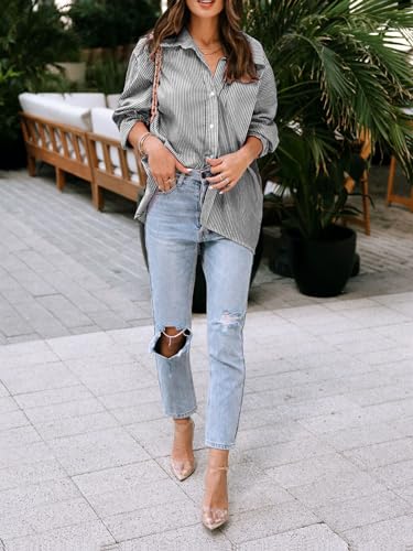 Image of siliteelon Striped Button Down Shirts Women Cotton Long Sleeve Work Blouses