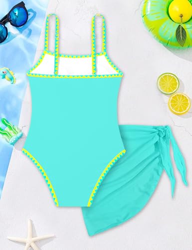 Image of WIQI Girls Swimsuit One Piece Bathing Suit Color Contrast Trim Girls' Swimwear with Cover Up Skirt Size 9-16