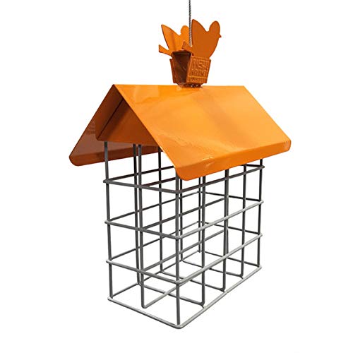 Soluoc Suet Bird Feeder for Outside [Double Capacity] Suet Wild Bird Feeder with Hanging Metal Roof, Suet Feeders for Outside, for Use with Suet Cakes, Seed Cakes, Mealworm Cakes (Orange, 1 Set)