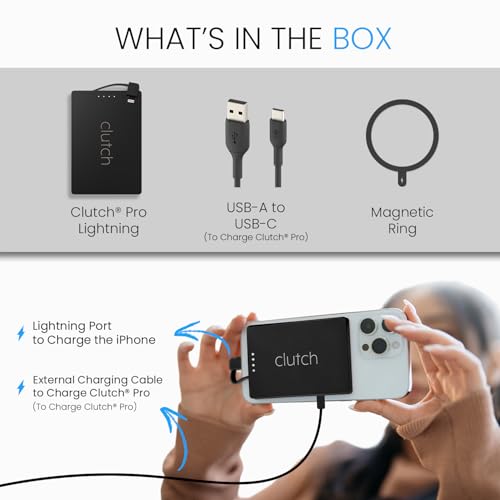 Clutch Pro – World's Thinnest iPhone Charger – Portable Power Bank 5000mAh – Magnetic Built-in Lightning Cable – TSA Approved Travel Charger – iPhone 14 & Earlier – Black - Thumbnail 5