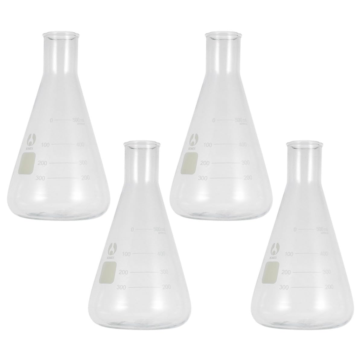 Juego de 4 Matraces Erlenmeyer de Vidrio Cónico de Alta Pureza Escala Clara y Diseño Triangular para Experimentos Escolares y Laboratorio Químico