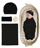 ZURLEFY Stretchy Baby Swaddle Blanket and Headband Set, Black Newborn Receiving Blankets with Matching Hat for Nursery Swaddle Wrap (62-12)