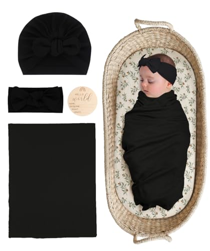 Image of ZURLEFY Stretchy Baby Swaddle Blanket and Headband Set, Newborn Receiving Blankets with Matching Hat for Nursery Swaddle Wrap