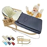 Rawstyle Holzschlitten mit Rückenlehne & Zugseil + Winterfußsack 108 cm – warme Lammwolle,...