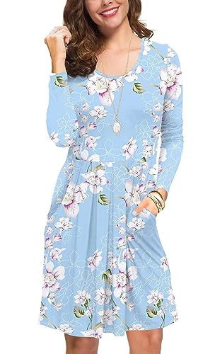 KORSIS Womens Dress Casual Swing T Shift Autumn Long Sleeve Round Neck Tunic Loose Fashion High Waist Dresses with Pockets Flower Light Blue