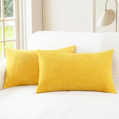 Image of CaliTime Throw Pillow Covers Decorative 12 X 20 Inches Pack of 2 Cozy Chenille Cushion Cases for Couch Sofa Bed Living Room Home Mustard Yellow