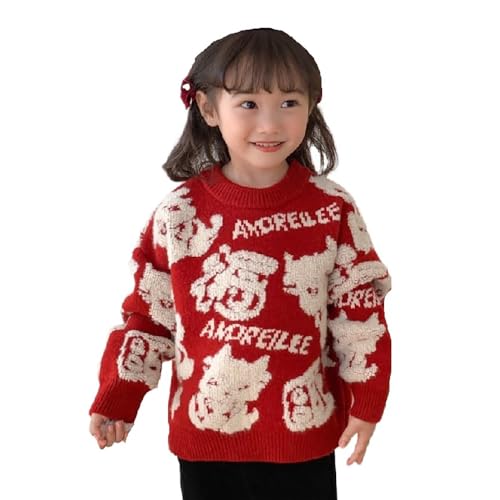 Quenny Chinese style girl's sweater Christmas pullover children's knitted sweater cartoon red casual top thickened for warmth