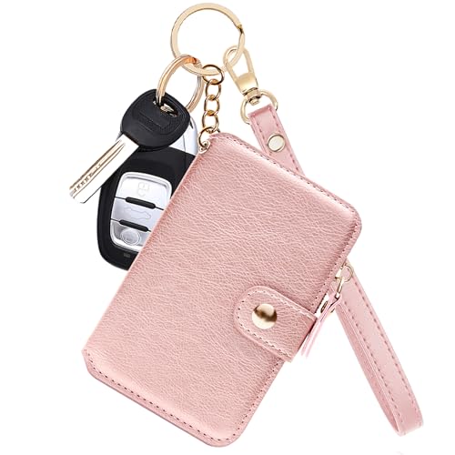 Image of M-Plateau RFID Blocking Keychain Wallet With Leather Wrist Strap | Keychain Wristlet, Womens Card Holder with Zipper Coin Pocket and ID Window (Pink)