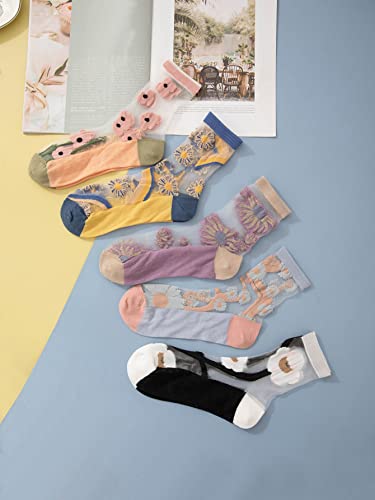 GORGLITTER Women's 4 Pairs Sheer Mesh Flower Patterned Thin Casual Crew Socks Transparent Cute Summer Socks2