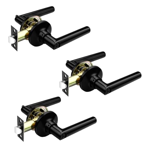 GOBEKOR 3 Pack Matte Black Door Handles Privacy Door Levers with Lock,Heavy Duty Interior Door Handles for Bedroom and Bathroom,Sleek Round Door Lever with No Key